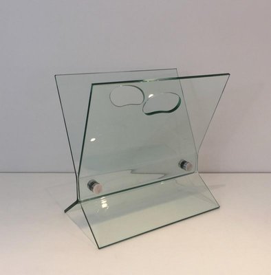 French Glass & Brushed Steel Magazine Rack in the Style of François Arnal, 1970s-BA-697579