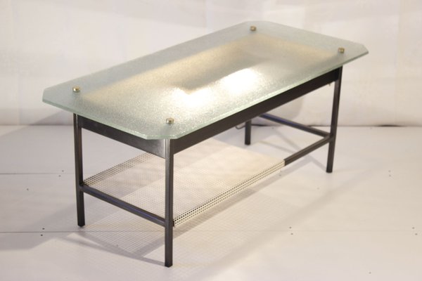 French Glass & Steel Light Coffee Table by Robert Mathieu, 1950s-WEQ-1143755