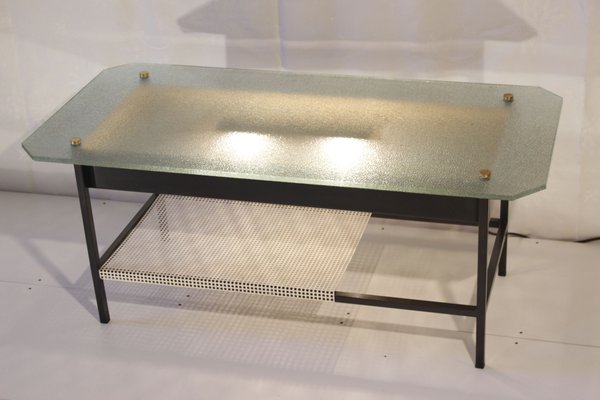 French Glass & Steel Light Coffee Table by Robert Mathieu, 1950s-WEQ-1143755