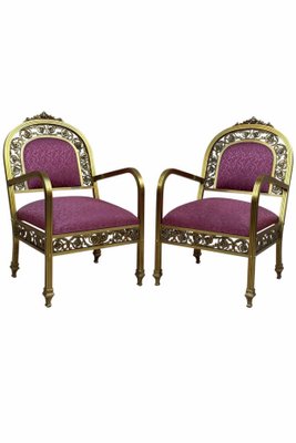 French Gold Brass & Bronze Armchairs with Pink Upholstery, 1940s, Set of 2-NOU-694777