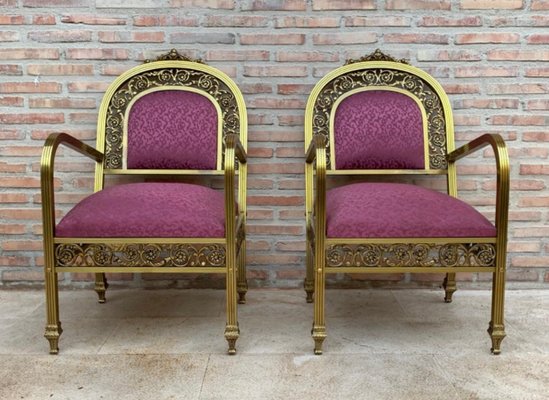 French Gold Brass & Bronze Armchairs with Pink Upholstery, 1940s, Set of 2-NOU-694777