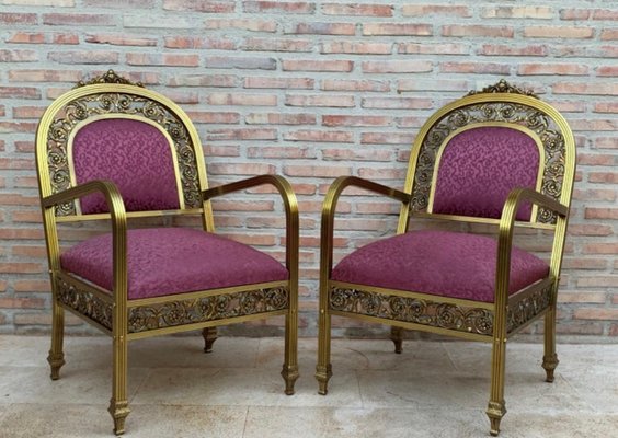 French Gold Brass & Bronze Armchairs with Pink Upholstery, 1940s, Set of 2-NOU-694777