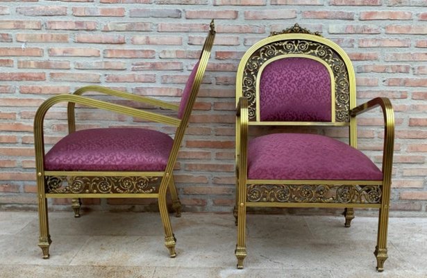 French Gold Brass & Bronze Armchairs with Pink Upholstery, 1940s, Set of 2-NOU-694777