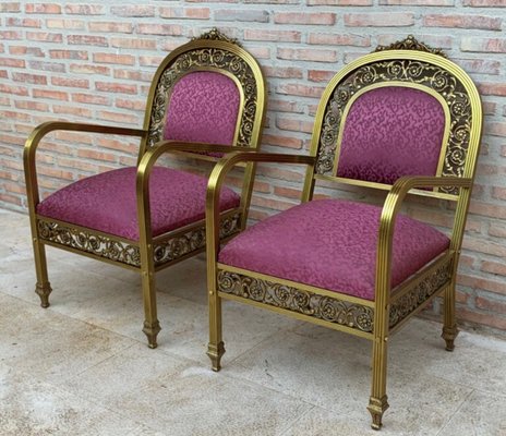 French Gold Brass & Bronze Armchairs with Pink Upholstery, 1940s, Set of 2-NOU-694777