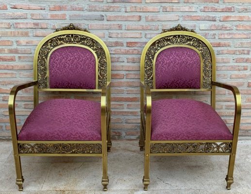 French Gold Brass & Bronze Armchairs with Pink Upholstery, 1940s, Set of 2-NOU-694777