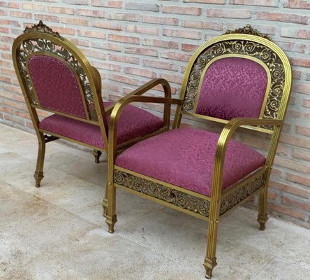 French Gold Brass & Bronze Armchairs with Pink Upholstery, 1940s, Set of 2-NOU-694777