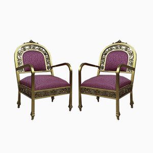 French Gold Brass & Bronze Armchairs with Pink Upholstery, 1940s, Set of 2-NOU-694777