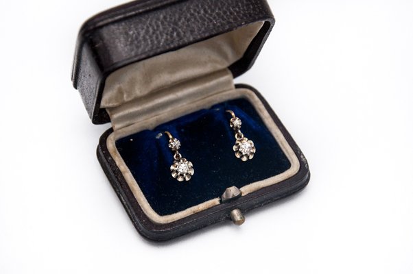 French Gold Earrings with Old-Cut Diamonds, 1930s, Set of 2-BXB-1768367