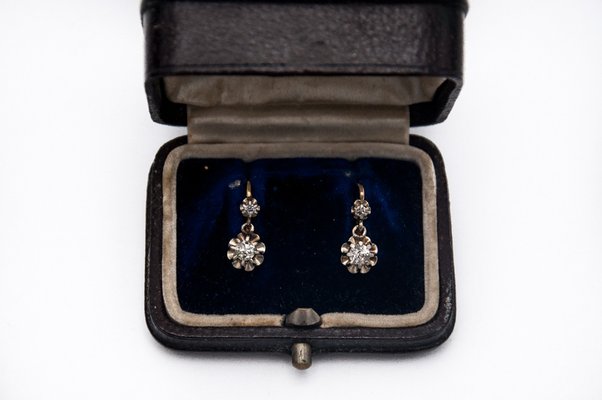 French Gold Earrings with Old-Cut Diamonds, 1930s, Set of 2-BXB-1768367