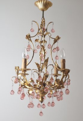 French Gold-Plated Chandelier with Pink Glass Drops from Maison Baguès, 1970s-ESB-2035617