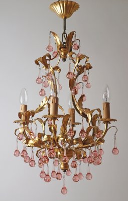 French Gold-Plated Chandelier with Pink Glass Drops from Maison Baguès, 1970s-ESB-2035617