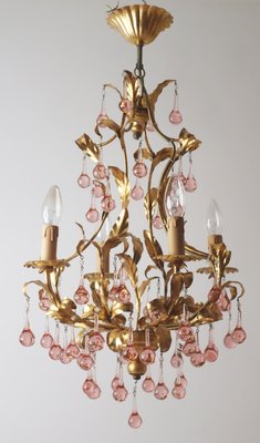 French Gold-Plated Chandelier with Pink Glass Drops from Maison Baguès, 1970s-ESB-2035617