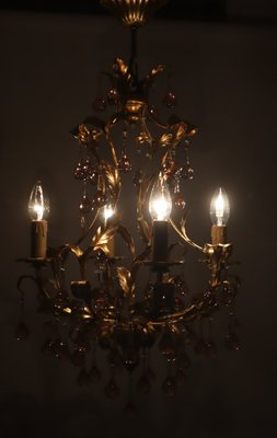 French Gold-Plated Chandelier with Pink Glass Drops from Maison Baguès, 1970s-ESB-2035617