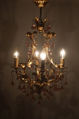 French Gold-Plated Chandelier with Pink Glass Drops from Maison Baguès, 1970s-ESB-2035617