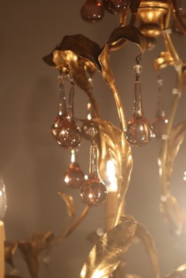 French Gold-Plated Chandelier with Pink Glass Drops from Maison Baguès, 1970s-ESB-2035617