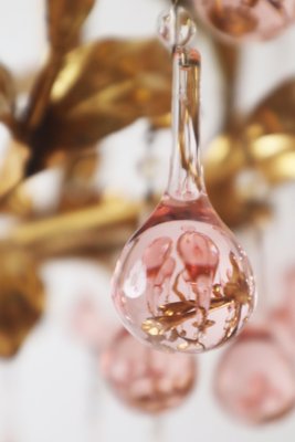 French Gold-Plated Chandelier with Pink Glass Drops from Maison Baguès, 1970s-ESB-2035617