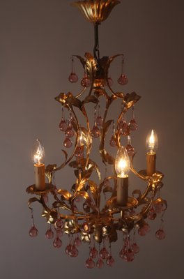 French Gold-Plated Chandelier with Pink Glass Drops from Maison Baguès, 1970s-ESB-2035617