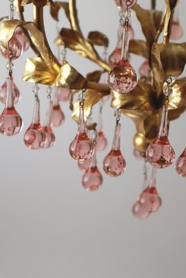 French Gold-Plated Chandelier with Pink Glass Drops from Maison Baguès, 1970s-ESB-2035617