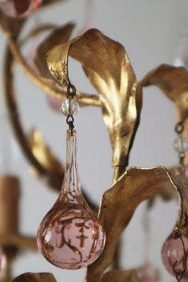 French Gold-Plated Chandelier with Pink Glass Drops from Maison Baguès, 1970s-ESB-2035617