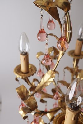 French Gold-Plated Chandelier with Pink Glass Drops from Maison Baguès, 1970s-ESB-2035617