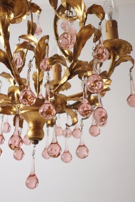 French Gold-Plated Chandelier with Pink Glass Drops from Maison Baguès, 1970s-ESB-2035617