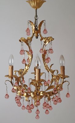 French Gold-Plated Chandelier with Pink Glass Drops from Maison Baguès, 1970s-ESB-2035617