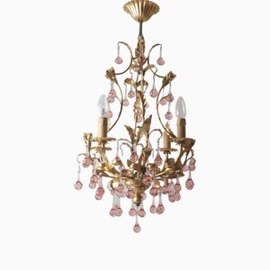 French Gold-Plated Chandelier with Pink Glass Drops from Maison Baguès, 1970s-ESB-2035617