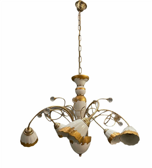 French Gold-Plated Porcelain Caroline Chandelier from Limoges de France, 1970s