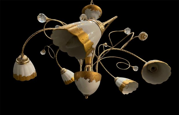 French Gold-Plated Porcelain Caroline Chandelier from Limoges de France, 1970s-JJC-873717