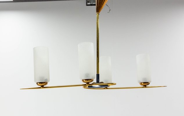 French Golden Chrome and Frosted Glass Ceiling Pendant in the Style of Arlus, 1960s-RIU-1142300