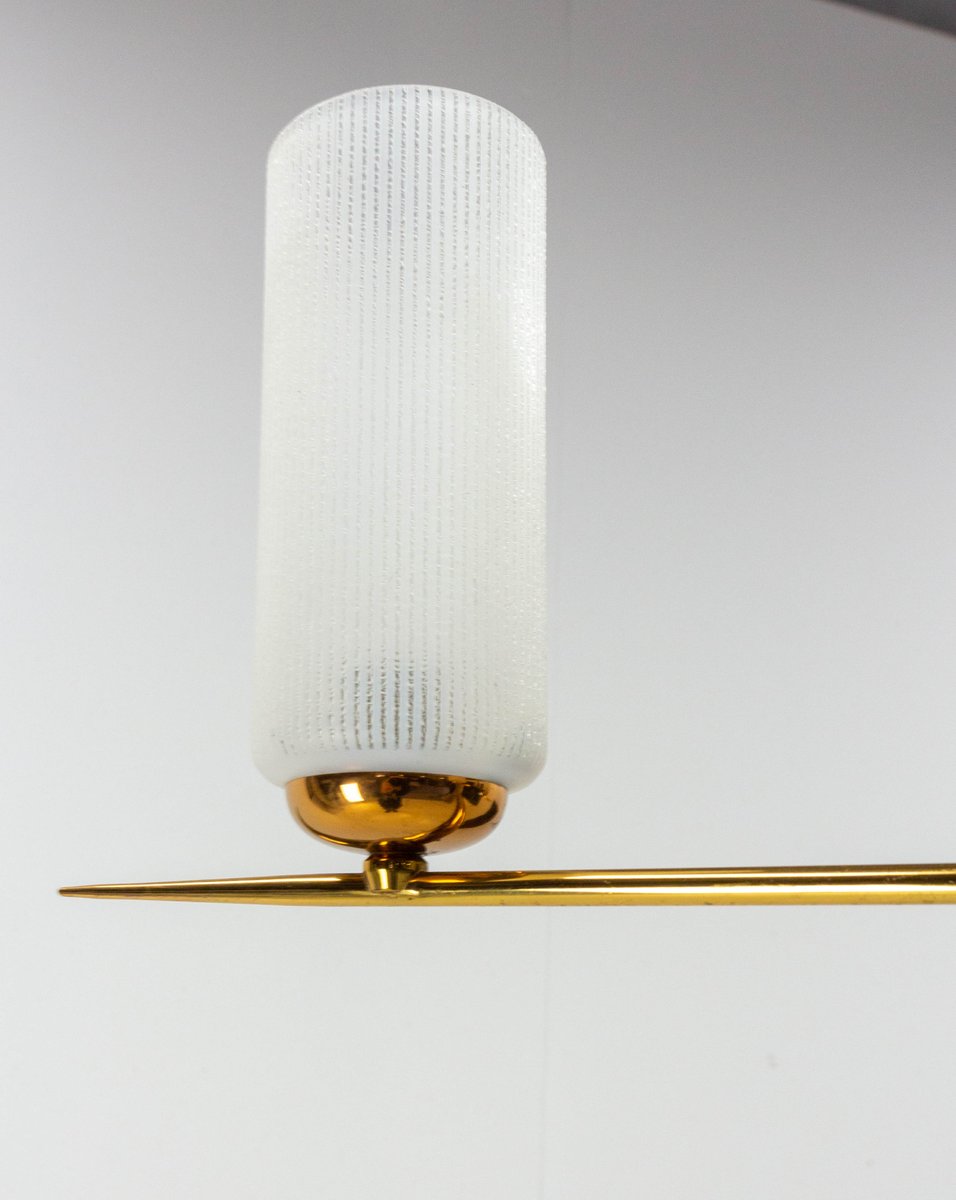 French Golden Chrome and Frosted Glass Ceiling Pendant in the Style of Arlus, 1960s