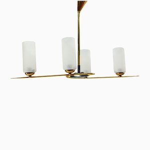 French Golden Chrome and Frosted Glass Ceiling Pendant in the Style of Arlus, 1960s-RIU-1142300