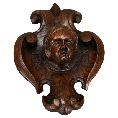 French Hand-Carved Oak Wood Wall Plaque with Cherubs Head, 1900s-KEG-1783049