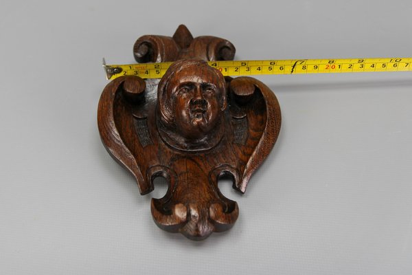 French Hand-Carved Oak Wood Wall Plaque with Cherubs Head, 1900s-KEG-1783049