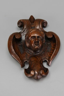 French Hand-Carved Oak Wood Wall Plaque with Cherubs Head, 1900s-KEG-1783049