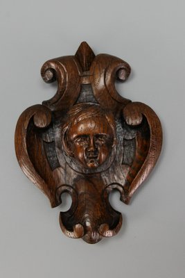 French Hand-Carved Oak Wood Wall Plaque with Cherubs Head, 1900s-KEG-1783049