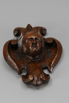 French Hand-Carved Oak Wood Wall Plaque with Cherubs Head, 1900s-KEG-1783049