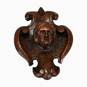 French Hand-Carved Oak Wood Wall Plaque with Cherubs Head, 1900s-KEG-1783049