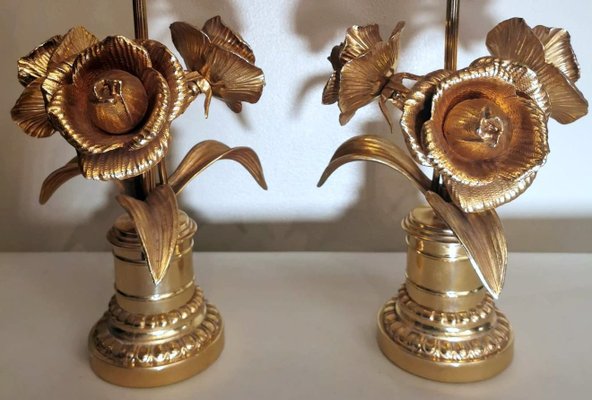 French Hollywood Regency Style Gilt Brass Lamps by Maison Jansen, Set of 2-QRS-1107627