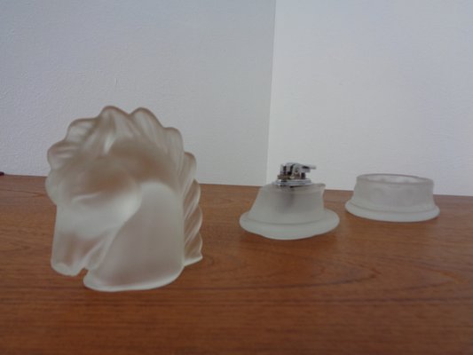 French Horse Lighter & Ashtray in Frosted Crystal Glass, 1960s, Set of 3-RDW-1332468