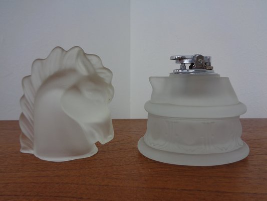 French Horse Lighter & Ashtray in Frosted Crystal Glass, 1960s, Set of 3-RDW-1332468