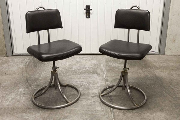 French Industrial Office Chairs in Leather, 1950s, Set of 2-VQY-1371565