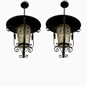 French Iron and Tole Glass-Paneled Lantern, 1970s, Set of 2-NOU-2036057