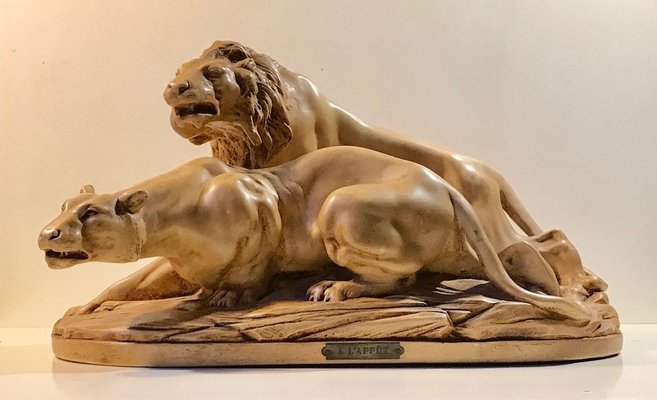 French L'Affut Art Deco Sculpture of Lions by A. Martinez, Paris 1924-LCR-829938