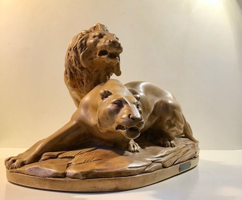 French L'Affut Art Deco Sculpture of Lions by A. Martinez, Paris 1924-LCR-829938