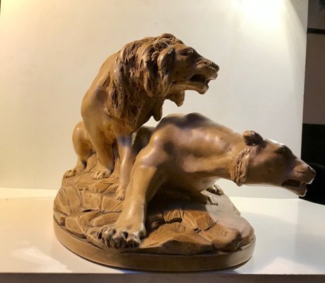 French L'Affut Art Deco Sculpture of Lions by A. Martinez, Paris 1924-LCR-829938