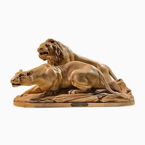 French L'Affut Art Deco Sculpture of Lions by A. Martinez, Paris 1924-LCR-829938