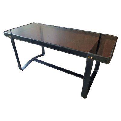 French Leather and Smoked Glass Coffee Table by Jacques Adnet, 1950s-POM-730338