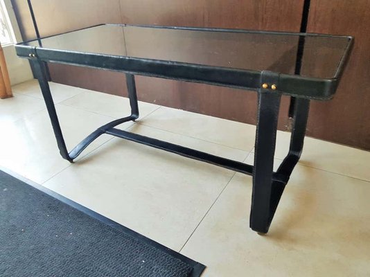 French Leather and Smoked Glass Coffee Table by Jacques Adnet, 1950s-POM-730338