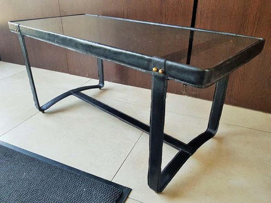 French Leather and Smoked Glass Coffee Table by Jacques Adnet, 1950s-POM-730338